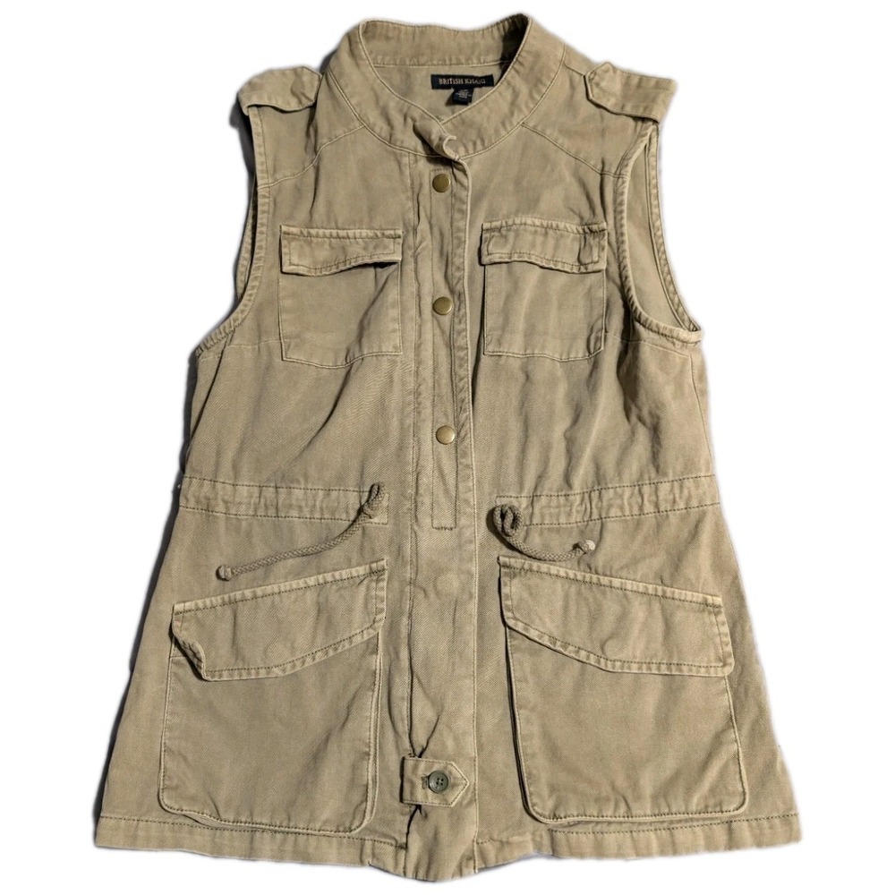 British Khaki Safari Utility Vest‎ Womens Small Tan Cargo Pockets Cotton